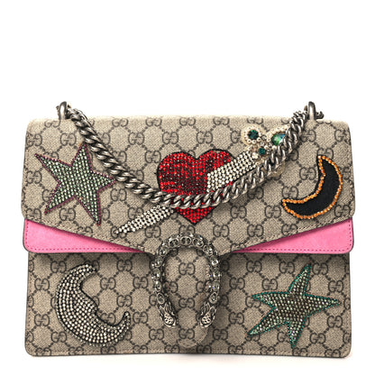 Gucci GG Supreme Monogram Suede Pierced Heart Embroidered Medium Dionysus Shoulder Bag Beige Ebony Pink Tropical Flower 1 of 18