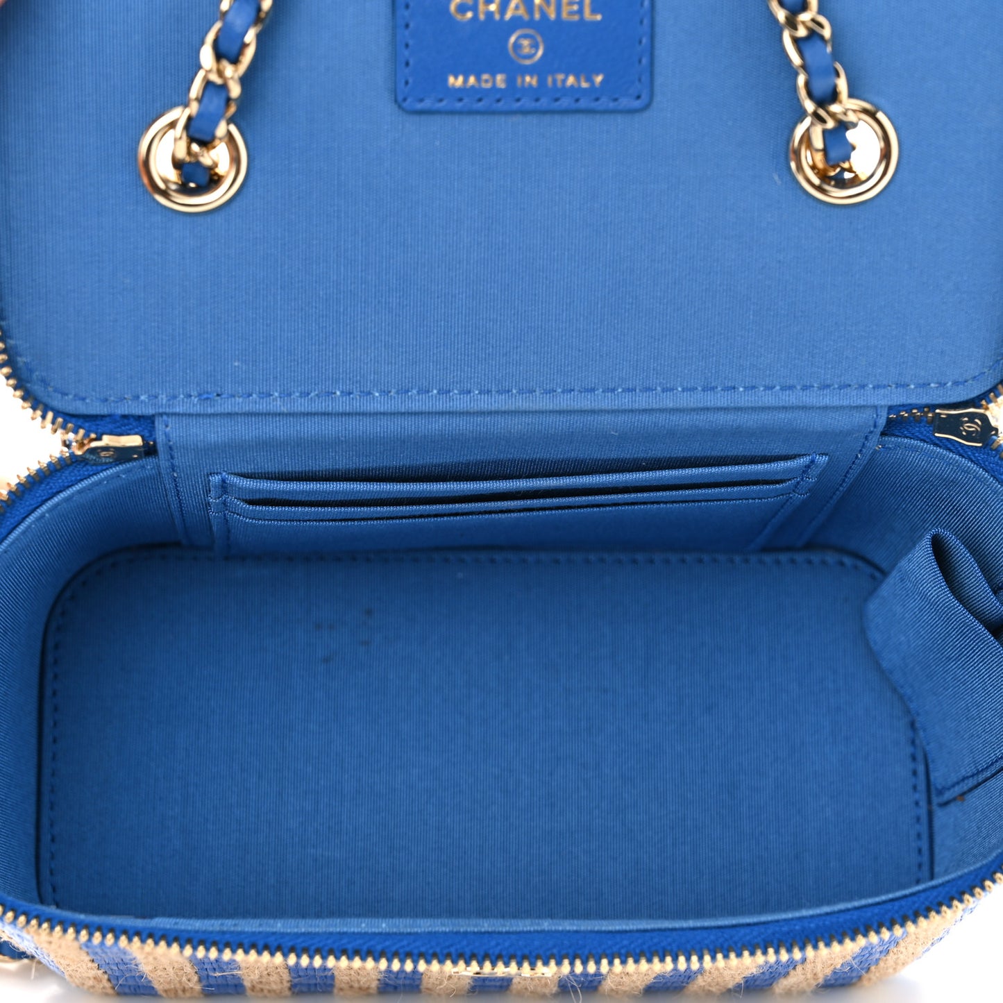 Raffia Jute Striped Small Vanity Case With Chain Blue Beige