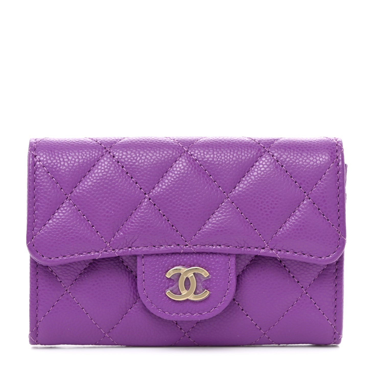 Caviar Quilted Flap Card Holder Wallet Purple