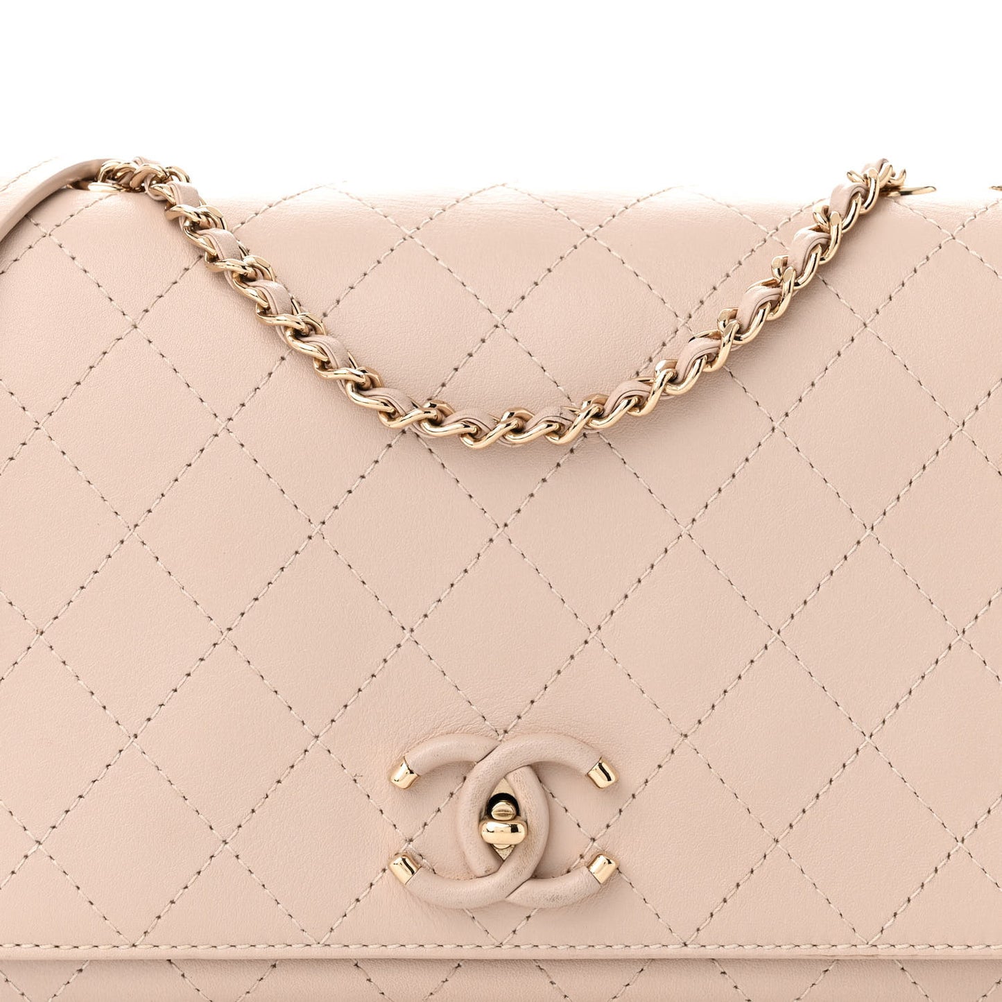 Calfskin Stitched Medium Covered CC Flap Bag Beige