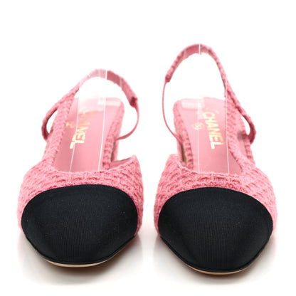 Chanel Tweed Grosgrain Cap Toe CC Slingback Pumps 39 Pink Black 2 of 7
