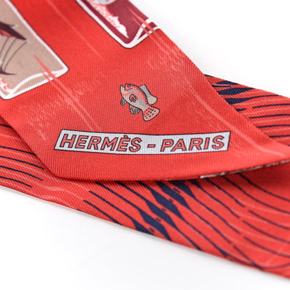 Hermes Silk Caleche Mors Et Bouteilles Twilly Rouge Marine Beige 5 of 5