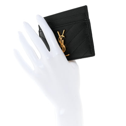 Saint Laurent Grain De Poudre Matelasse Chevron Monogram Credit Card Case Black 2 of 8