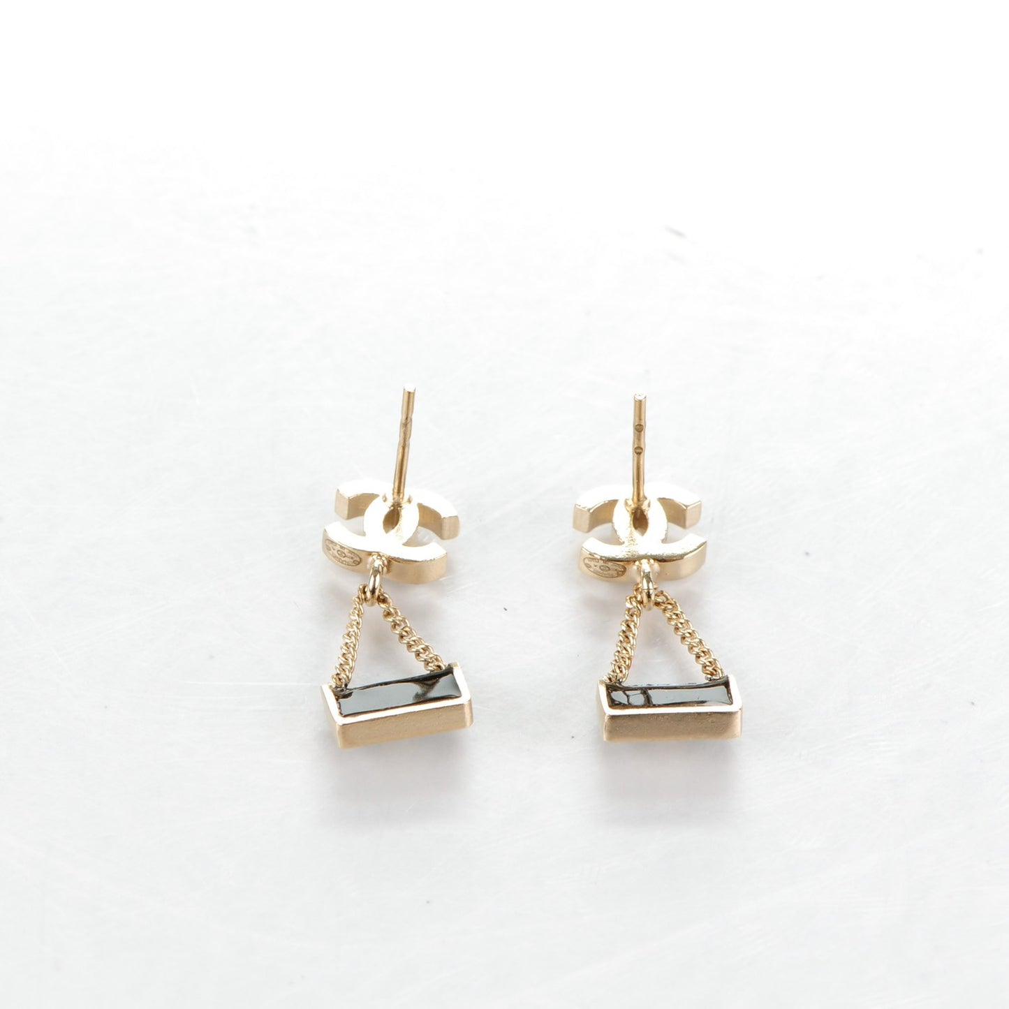 Enamel Pearl CC Flap Bag Drop Earrings Black Gold