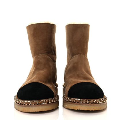 Chanel Kid Suede Shearling Womens Cap Toe Chain Short Boots 37 Light Brown Black 3 of 12