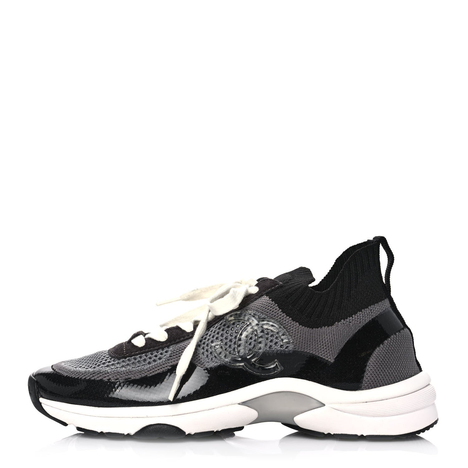 Chanel Fabric Suede Calfskin Stretch CC Sneakers 38 Black Grey 1 of 9