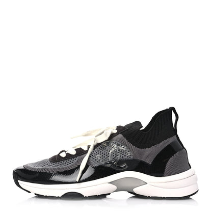 Chanel Fabric Suede Calfskin Stretch CC Sneakers 38 Black Grey 1 of 9