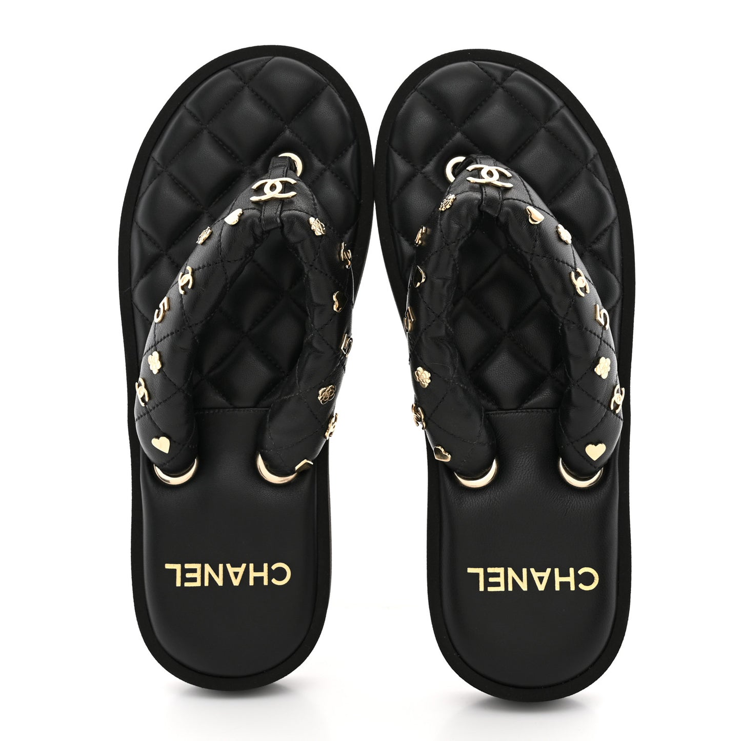 Lambskin Quilted Padded Charms Thong Sandals 38.5 Black