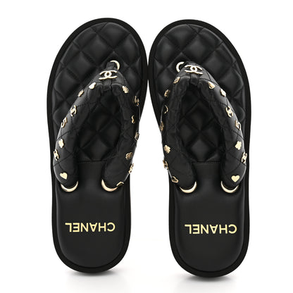 Chanel Lambskin Quilted Padded Charms Thong Sandals 38.5 Black 2 of 11