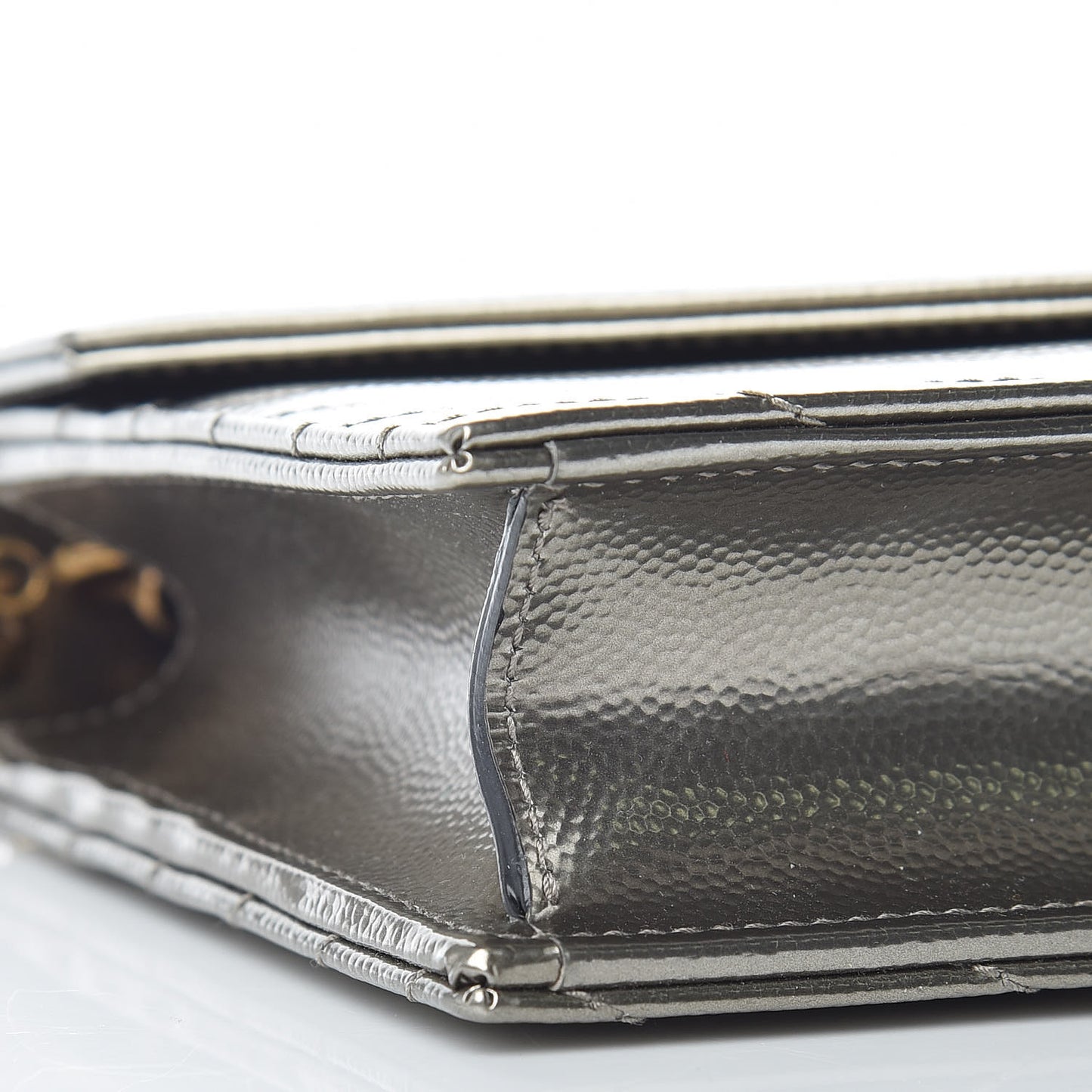 Metallic Grain De Poudre Matelasse Chevron Monogram Envelope Chain Wallet Piombo Black