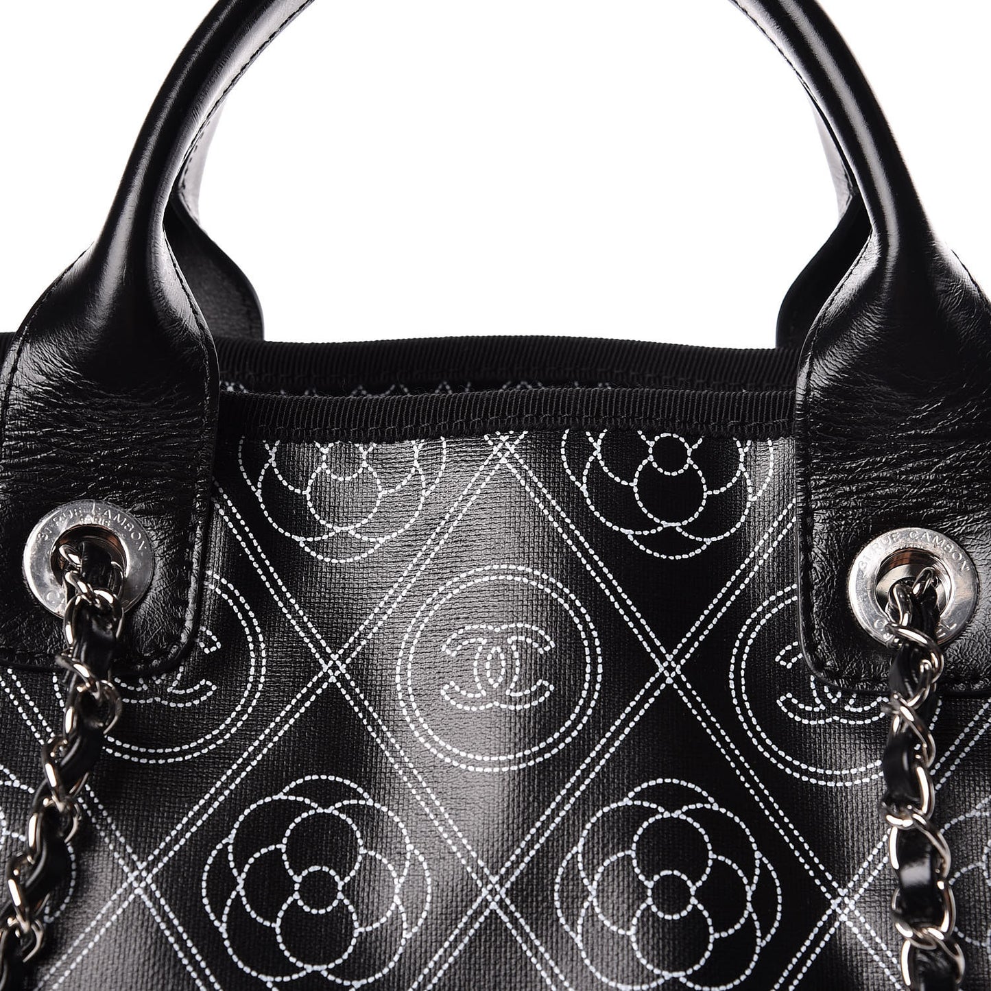 Coated Canvas Camellia Medium Shopping Tote Black Beige