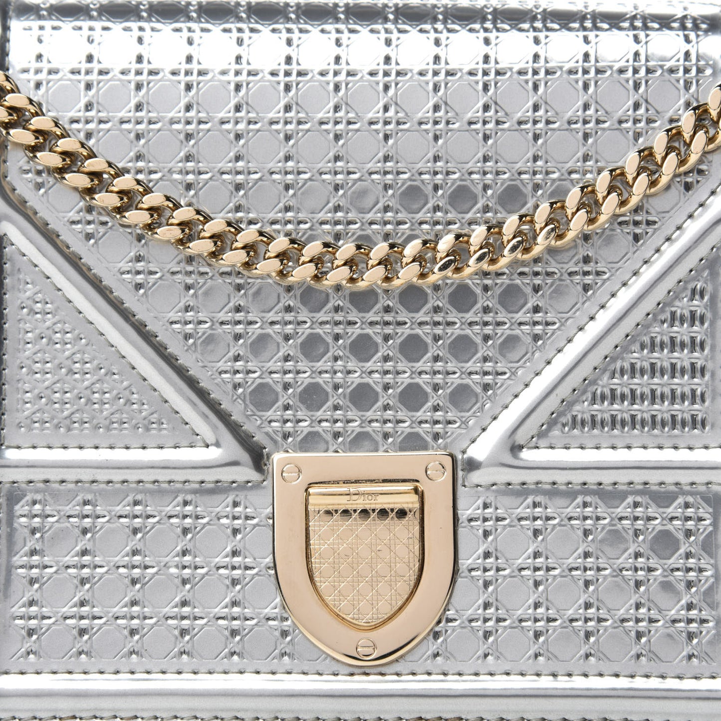Metallic Patent Micro-Cannage Diorama Wallet on Chain Pouch Silver