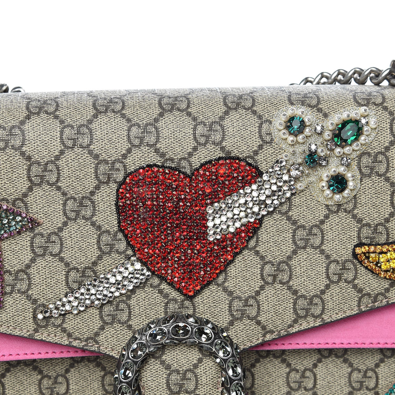 Gucci GG Supreme Monogram Suede Pierced Heart Embroidered Medium Dionysus Shoulder Bag Beige Ebony Pink Tropical Flower 12 of 20