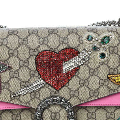 Gucci GG Supreme Monogram Suede Pierced Heart Embroidered Medium Dionysus Shoulder Bag Beige Ebony Pink Tropical Flower 12 of 20