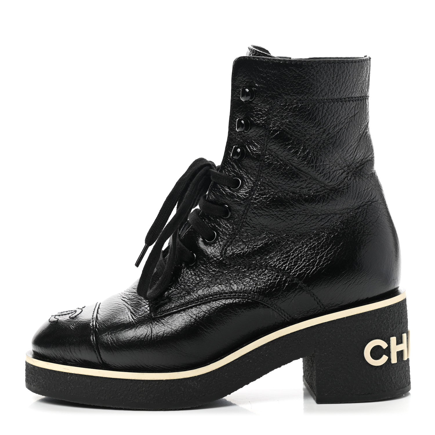 Chanel Shiny Crumpled Lambskin Lace Up Combat Boots 35 Black 1 of 8