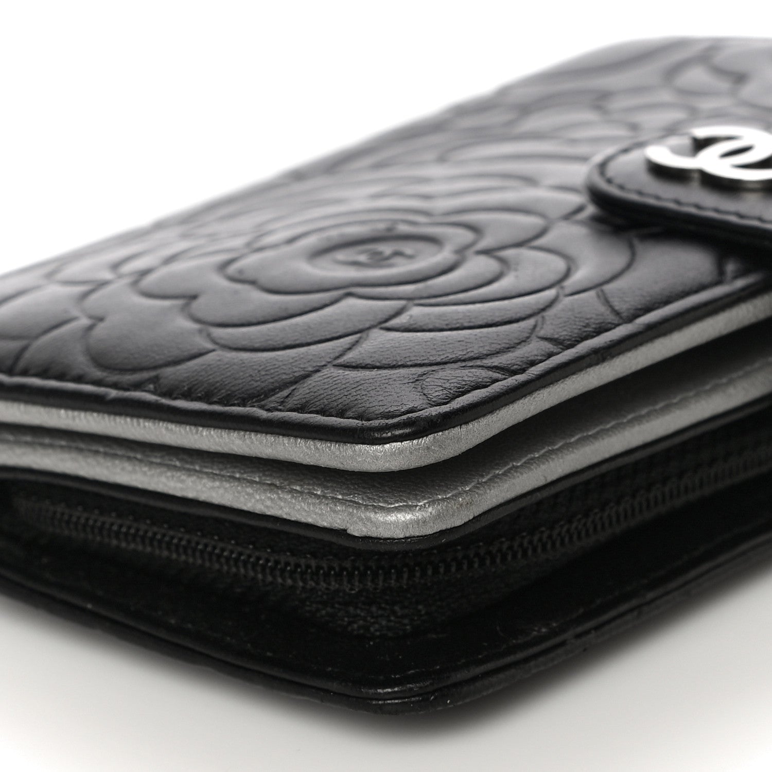 Chanel Lambskin Camellia Embossed Zipped Pocket Wallet Black 10 of 20