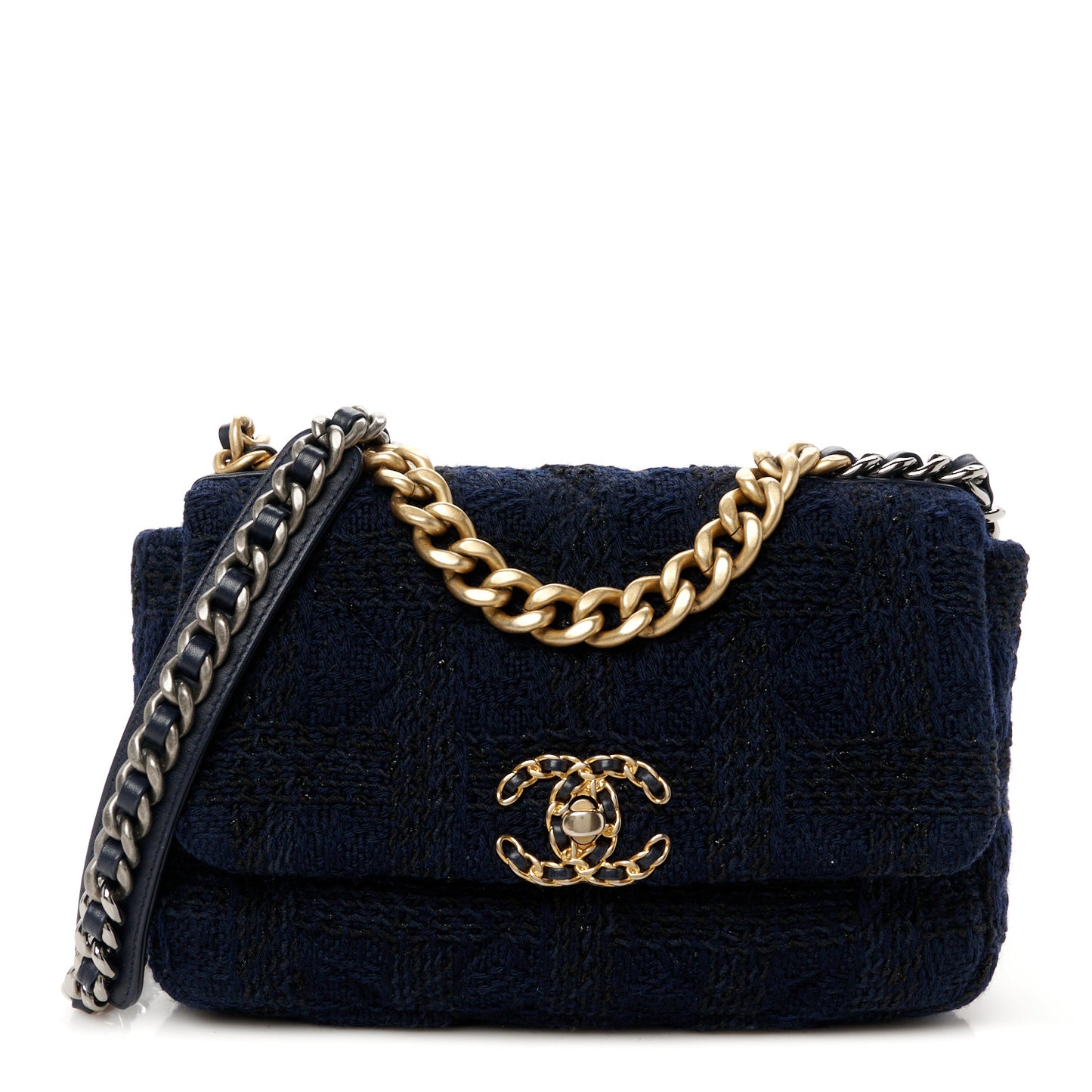 Tweed Quilted Medium Chanel 19 Flap Navy Blue Black