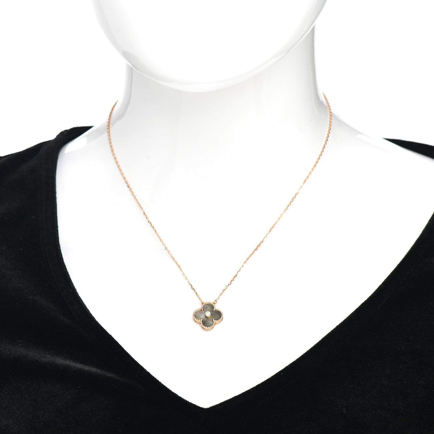18K Rose Gold Diamond Grey Mother of Pearl Vintage Alhambra Pendant Necklace
