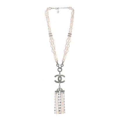Chanel Crystal Pearl CC Drop Necklace Silver 3 of 7