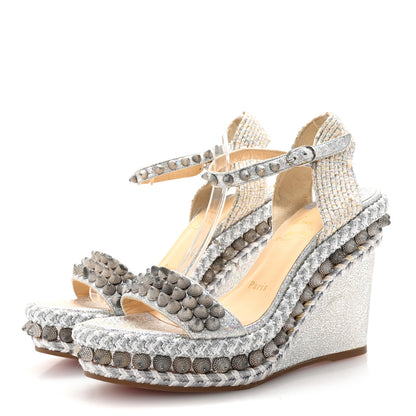 Christian Louboutin Glitter Calfskin Rope Spiked Lata 110 Wedges 37 Silver 4 of 8