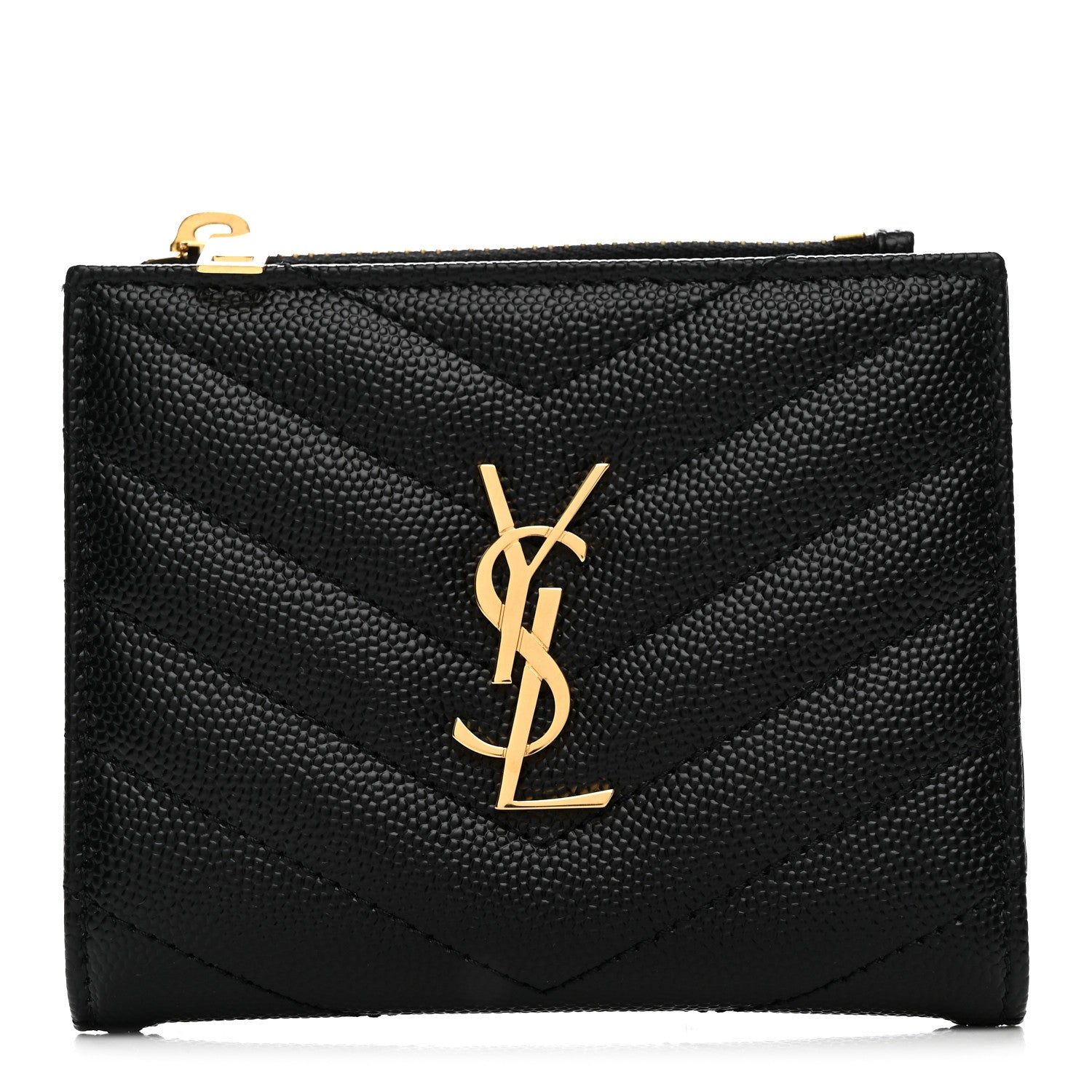 Saint Laurent Grain De Poudre Matelasse Chevron Monogram Zipped Card Case Black 1 of 9