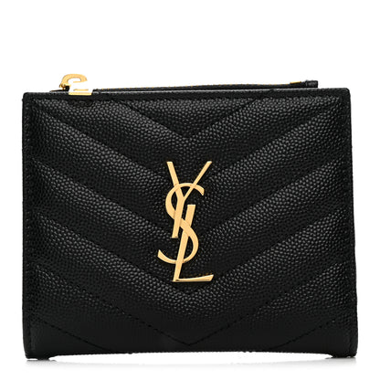 Saint Laurent Grain De Poudre Matelasse Chevron Monogram Zipped Card Case Black 1 of 9