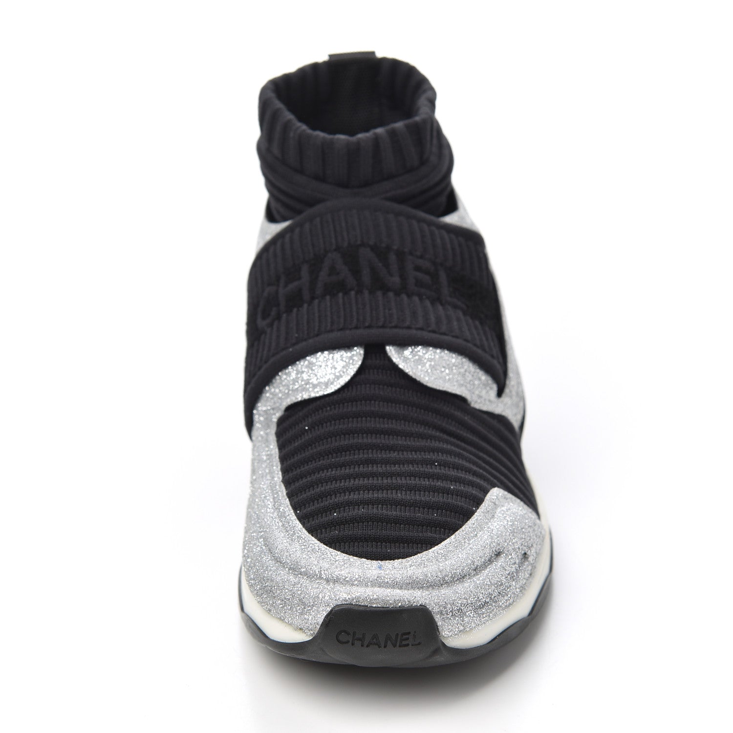 Chanel Glitter Stretch Fabric CC Sneakers 35 Black Silver 5 of 18