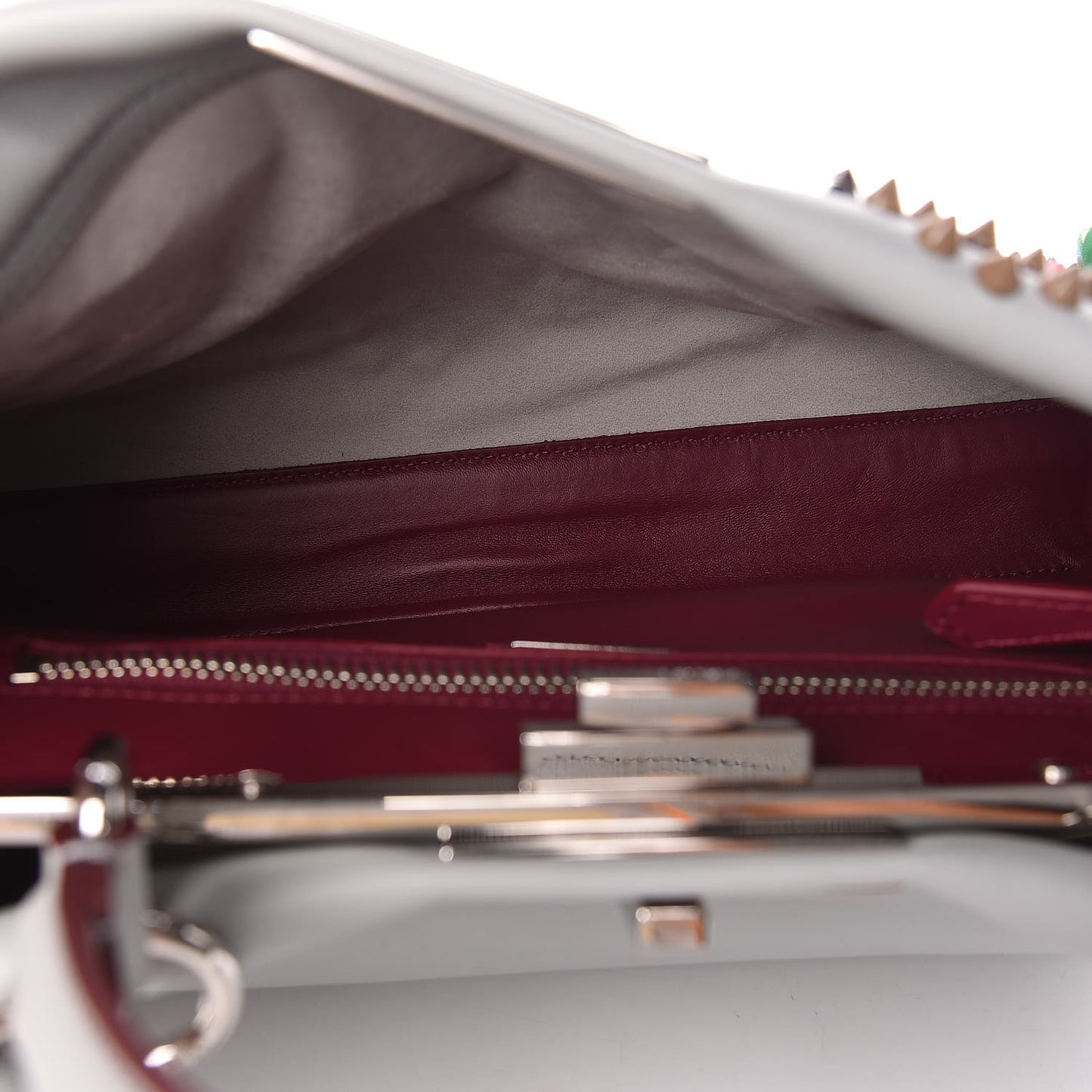 Vitello Seta Shiny Nappa Pearl Scalloped Studded Floral Embroidered Medium Peekaboo Iconic Satchel Grigio Perla Multicolor