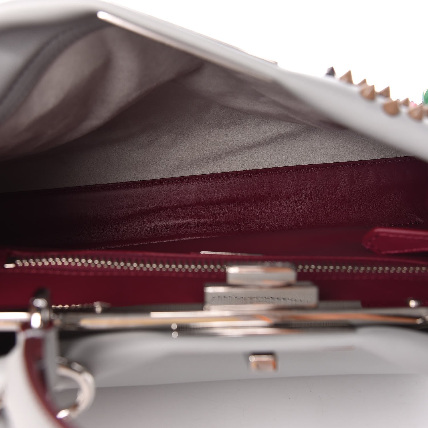 Fendi Vitello Seta Shiny Nappa Pearl Scalloped Studded Floral Embroidered Medium Peekaboo Iconic Satchel Grigio Perla Multicolor 7 of 10