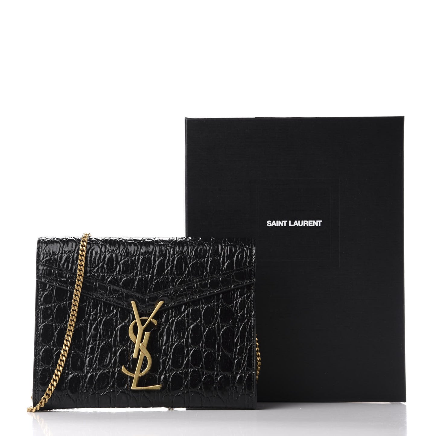 Calfskin Crocodile Embossed Monogram Cassandra Chain Wallet Black