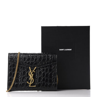 Saint Laurent Calfskin Crocodile Embossed Monogram Cassandra Chain Wallet Black 11 of 11