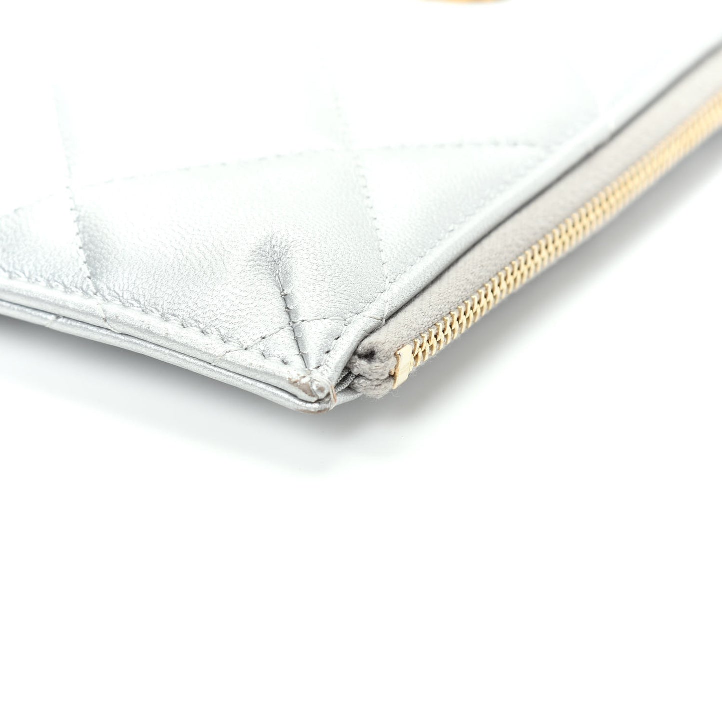 Metallic Goatskin Quilted Chanel 19 Flat Wallet Pouch Silver