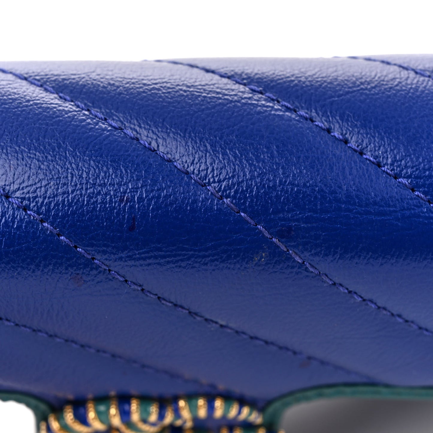 Azalea Calfskin Enamel Matelasse Diagonal Super Mini Torchon GG Marmont Shoulder Bag Imperial Blue Pavone