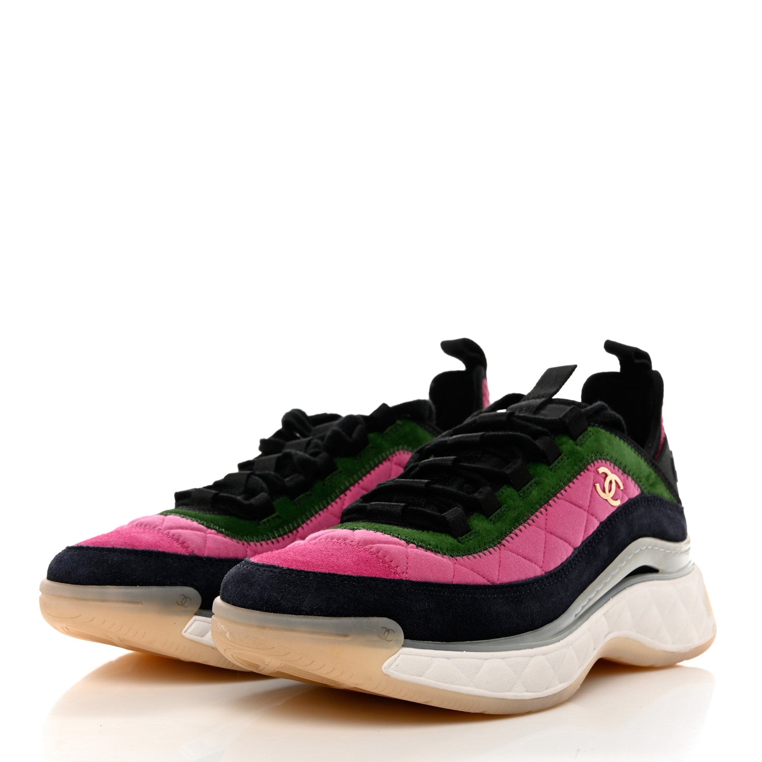 Chanel Velvet Calfskin Mixed Fibers CC Sneakers 40.5 Pink Green 3 of 9
