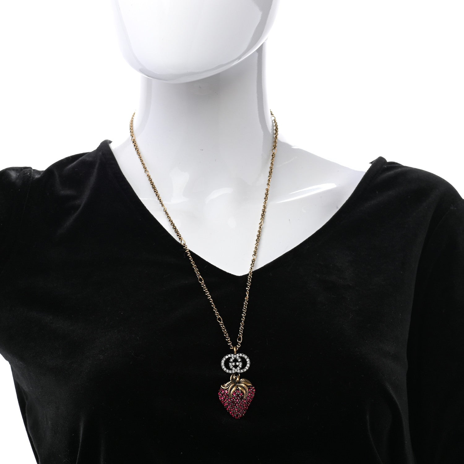 Gucci Crystal Embellished Strawberry Necklace Red Aged Gold 2 of 7