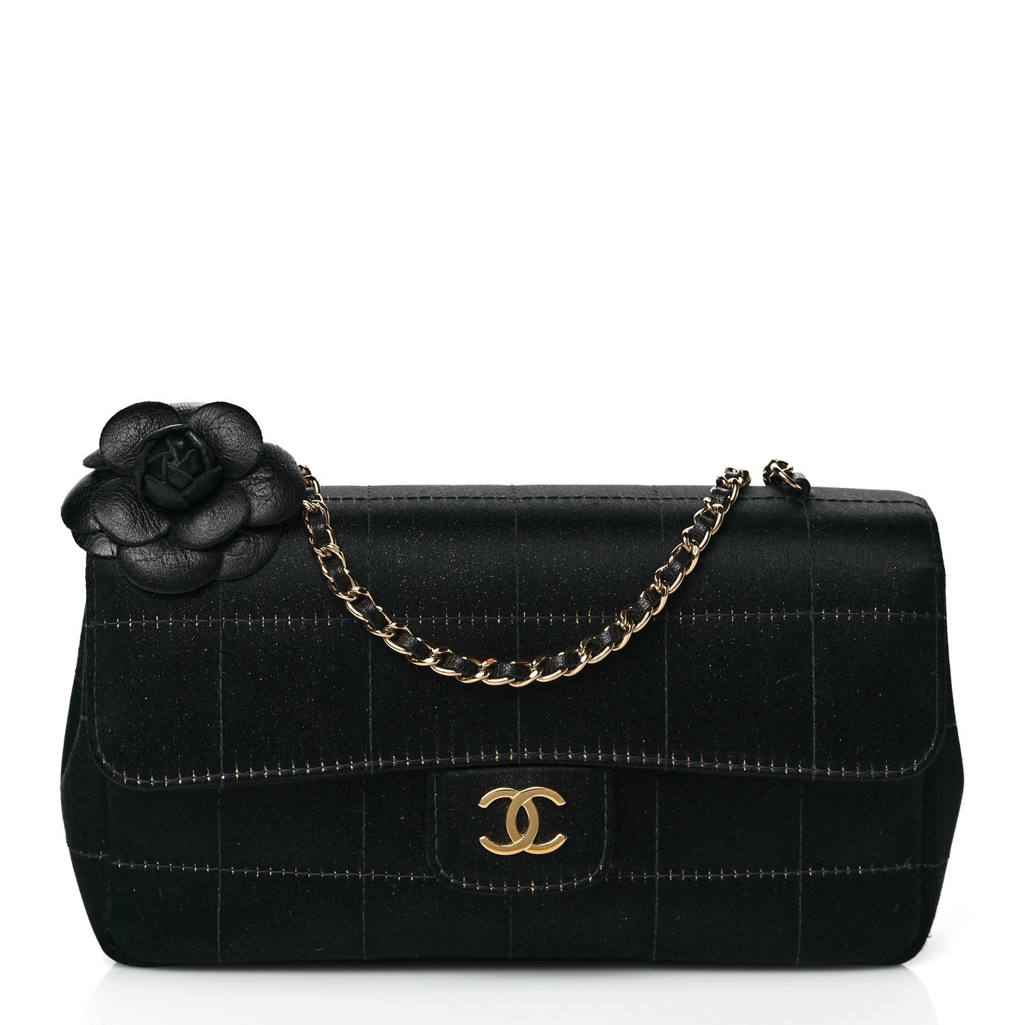Satin Chocolate Bar Quilted Camellia Rectangular Mini Flap Black