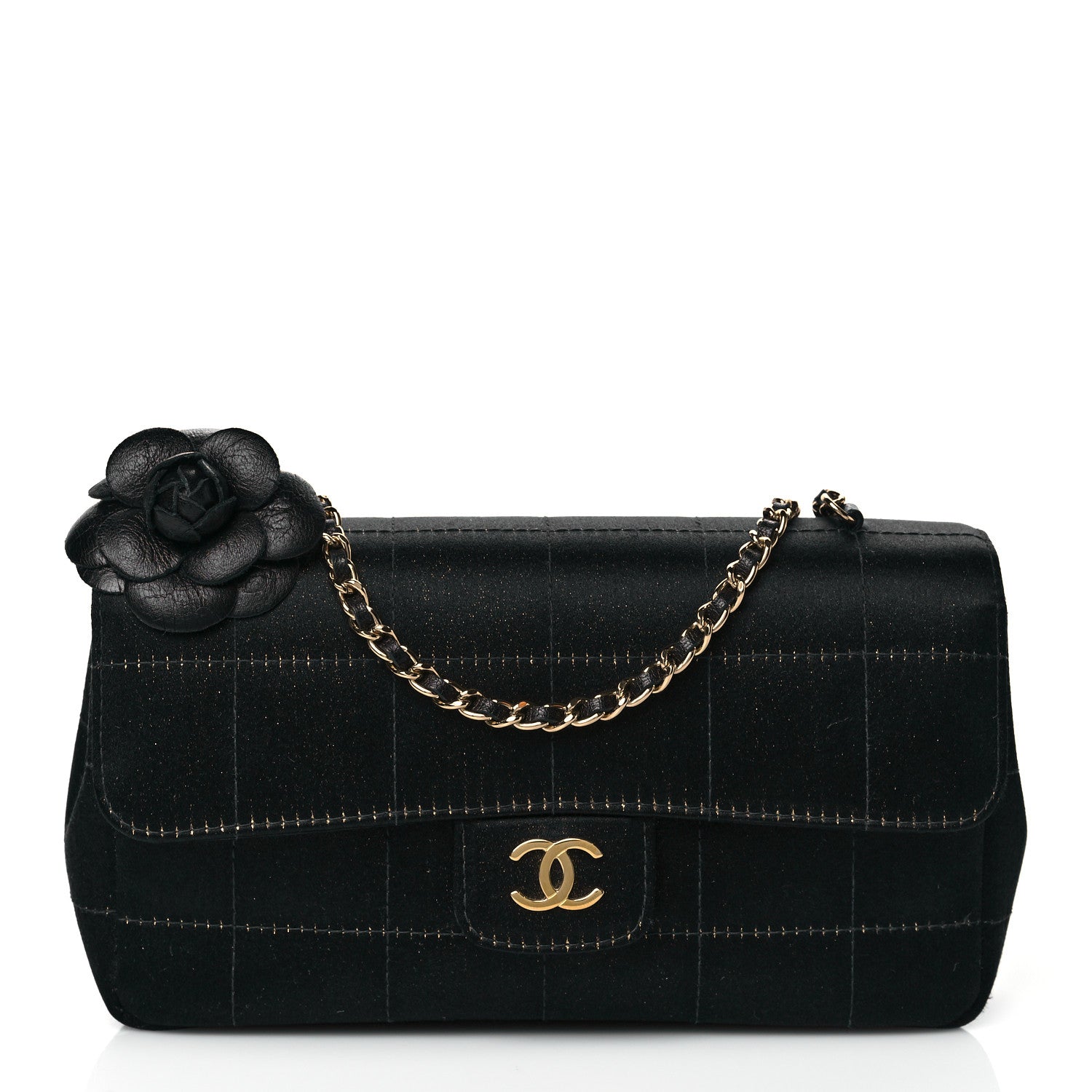 Chanel Satin Chocolate Bar Quilted Camellia Rectangular Mini Flap Black 1 of 10