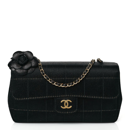 Chanel Satin Chocolate Bar Quilted Camellia Rectangular Mini Flap Black 1 of 10
