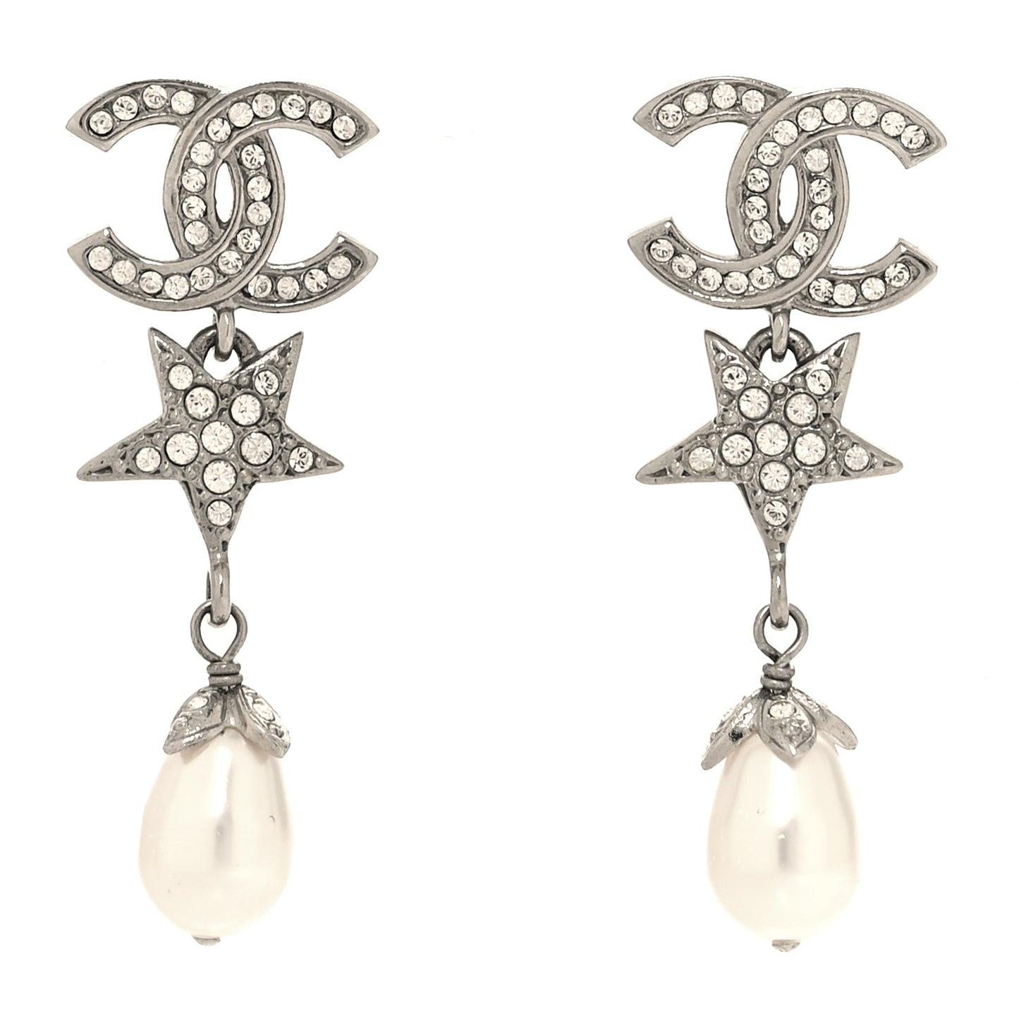 Crystal CC Pearl Star Drop Earrings Silver