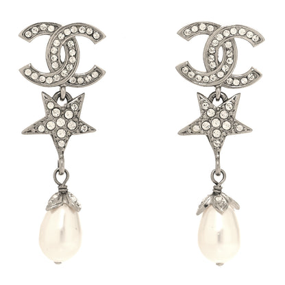 Chanel Crystal CC Pearl Star Drop Earrings Silver 1 of 4