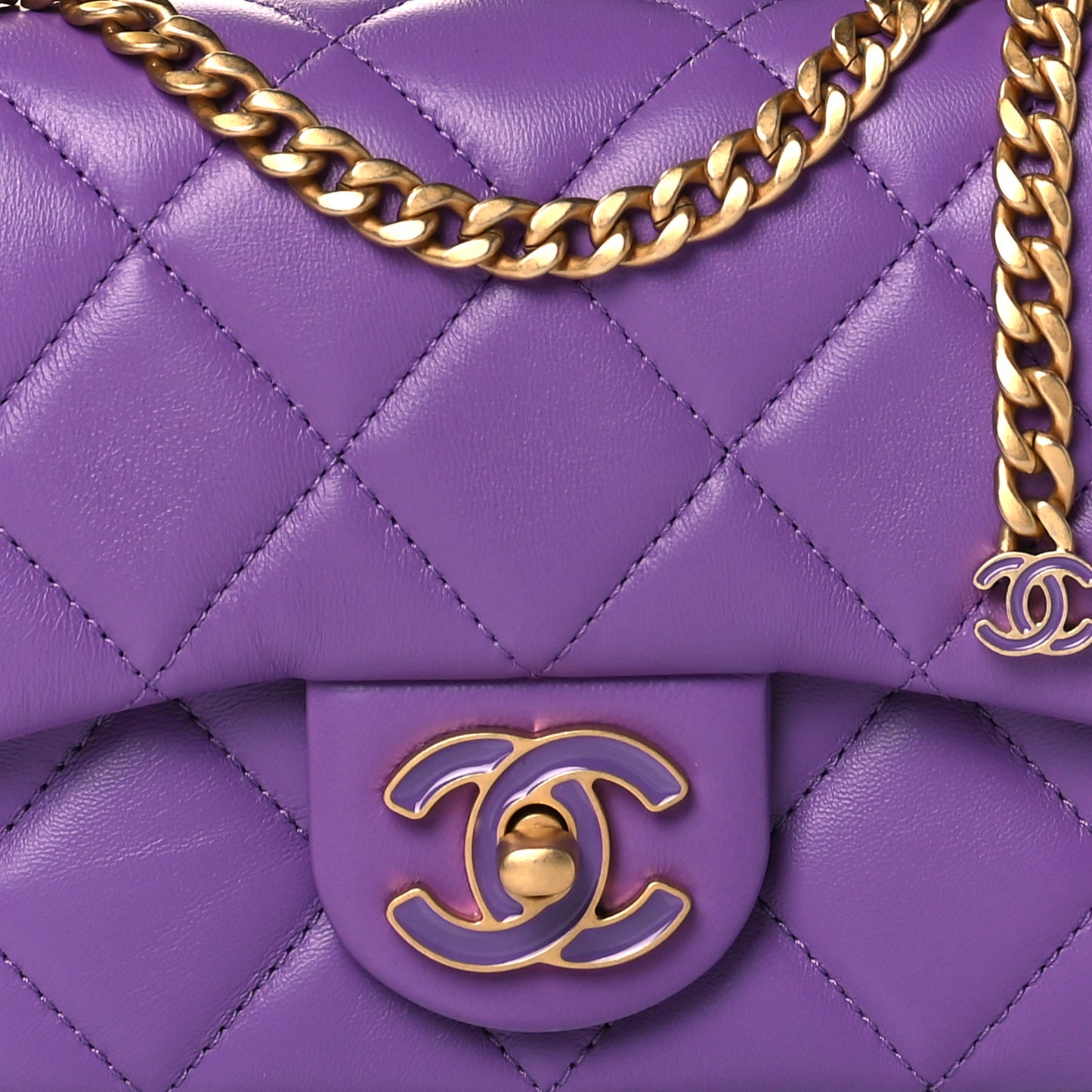 Lambskin Enamel Quilted Mini Pending CC Square Flap Purple