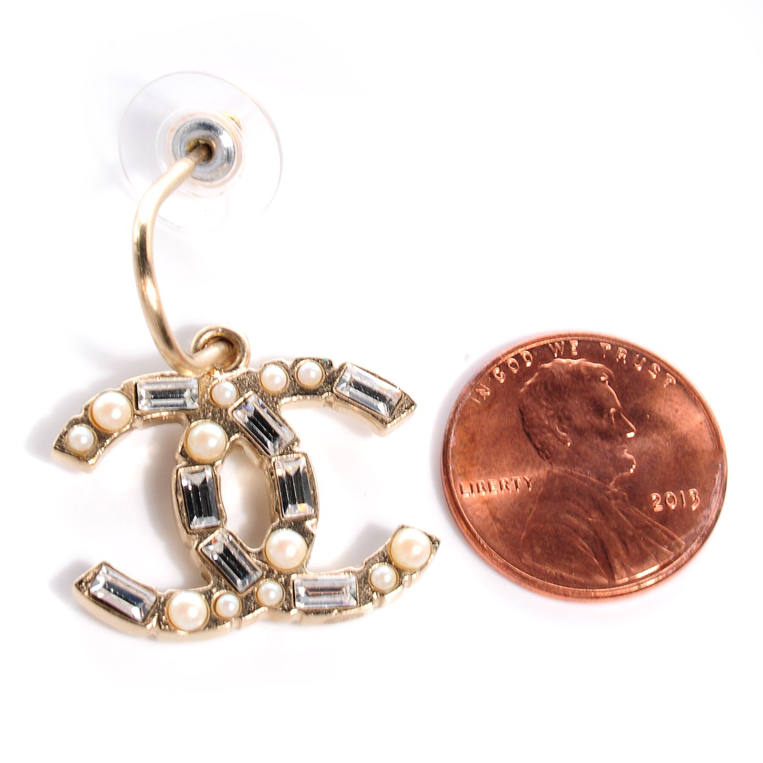 Chanel Pearl Crystal Baguette CC Loop Dangle Earrings 2 of 6