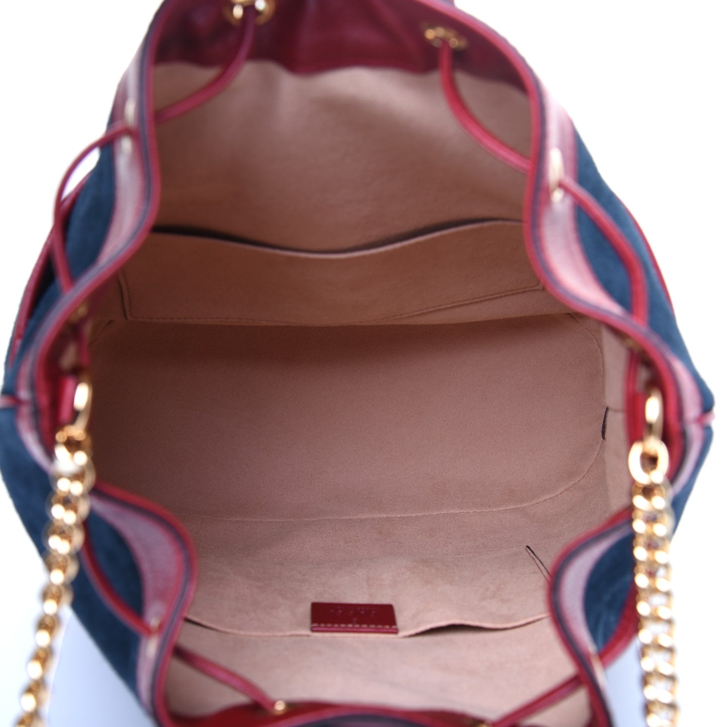 Suede Calfskin Web Medium Rajah Bucket Bag New Blue Romantic Cherry