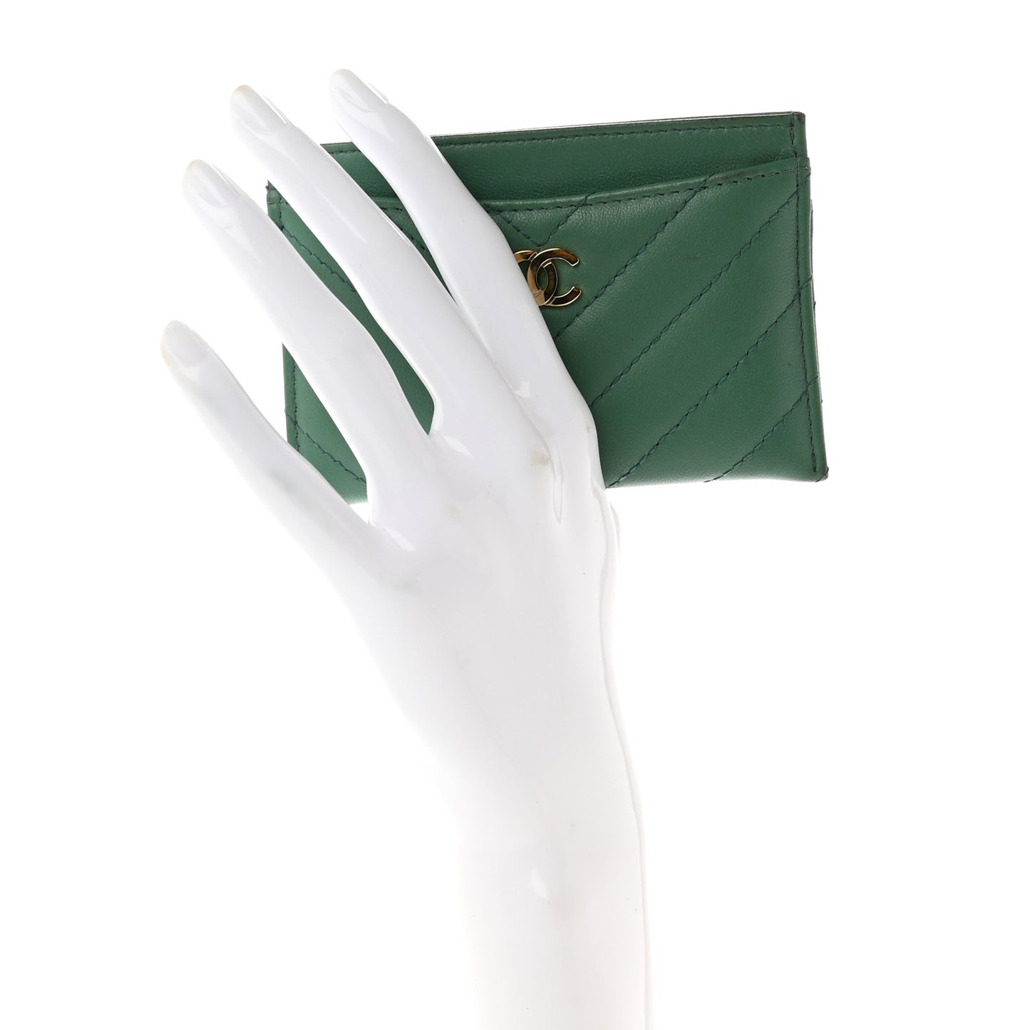 Lambskin Chevron Quilted Card Holder Green