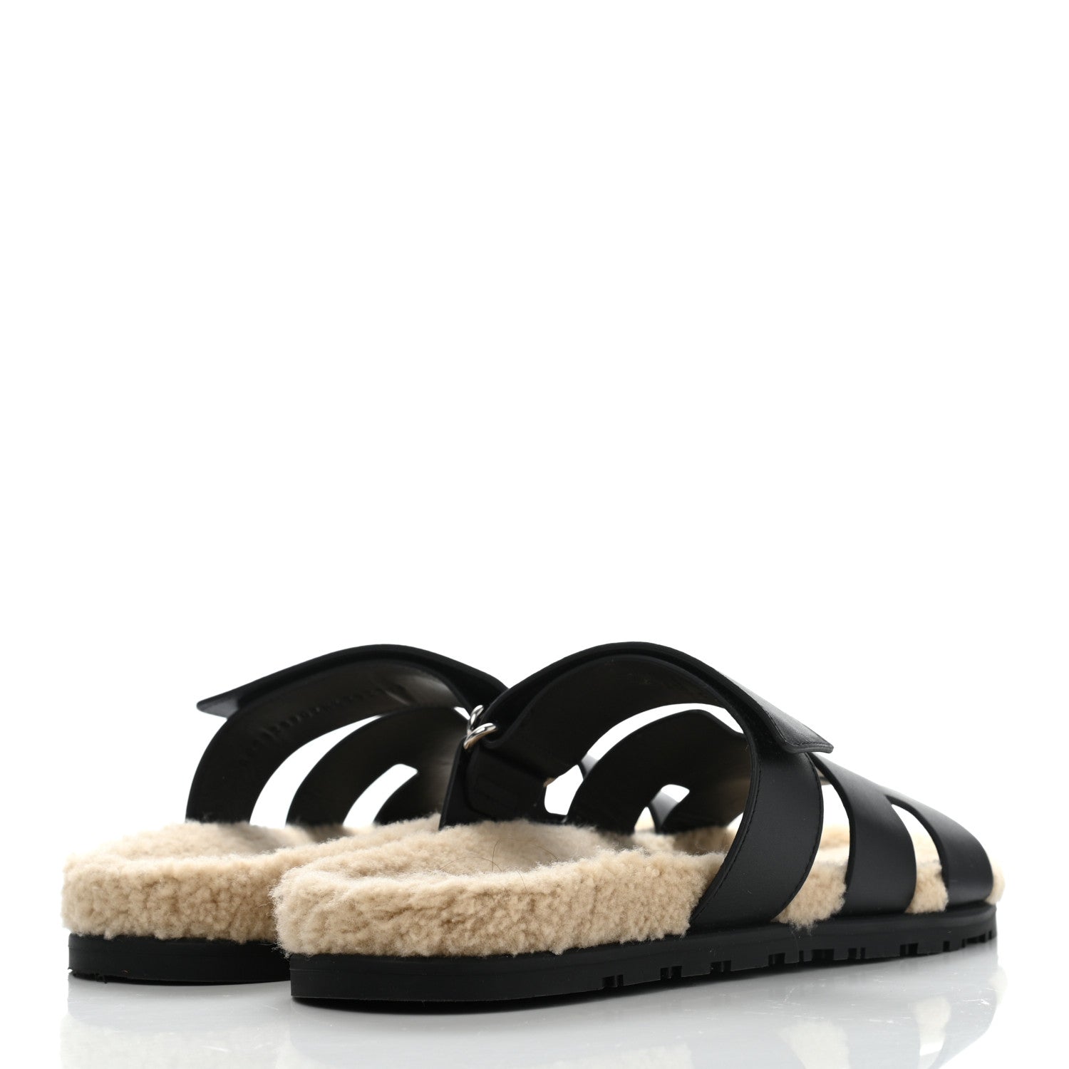 Hermes Veau Indios Woolskin Mens Chypre Sandals 42 Black Ecru 4 of 9