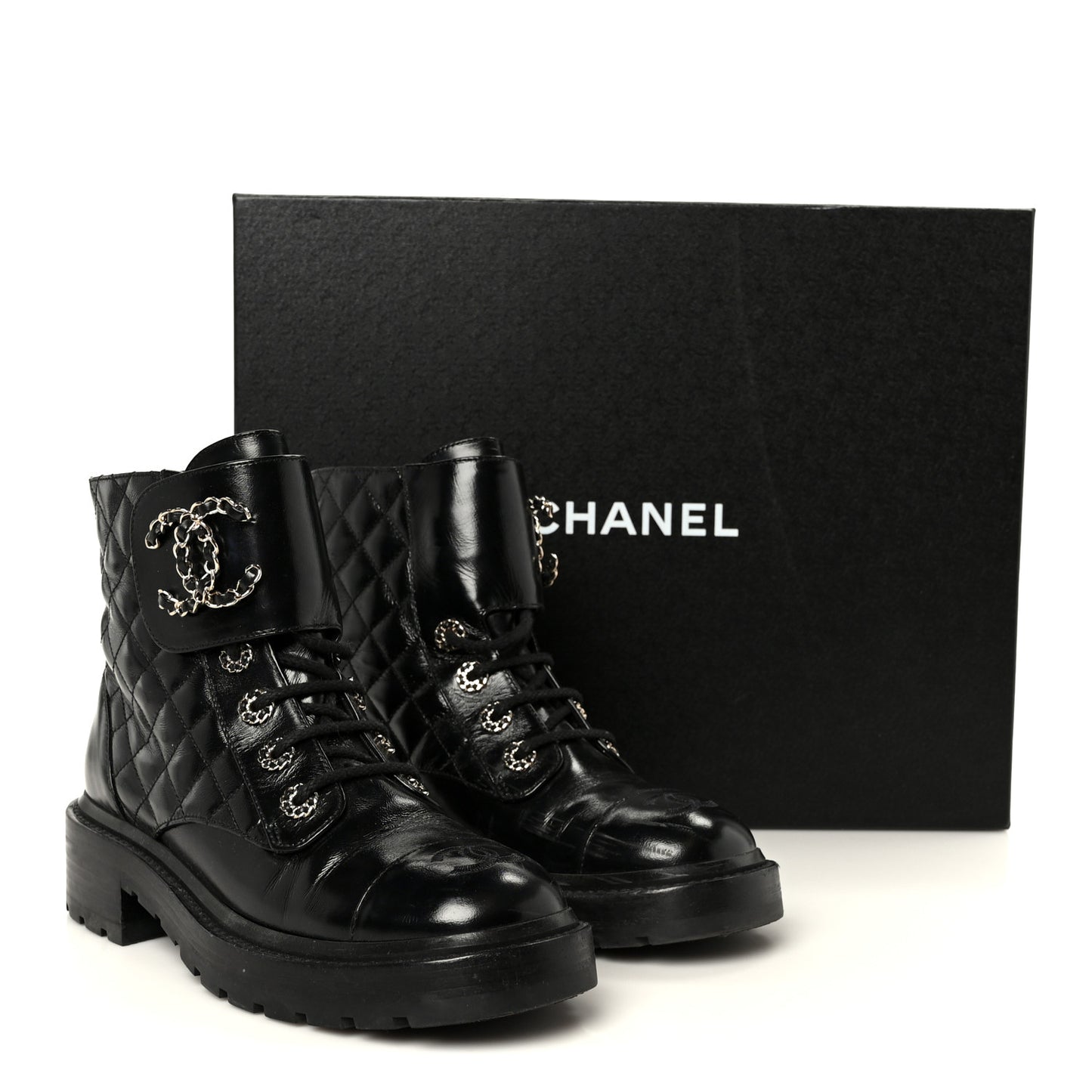 Shiny Calfskin Quilted Lace Up Combat Boots 37 Black