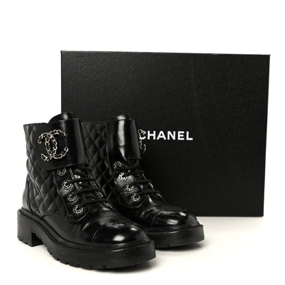 Chanel Shiny Calfskin Quilted Lace Up Combat Boots 37 Black 11 of 11