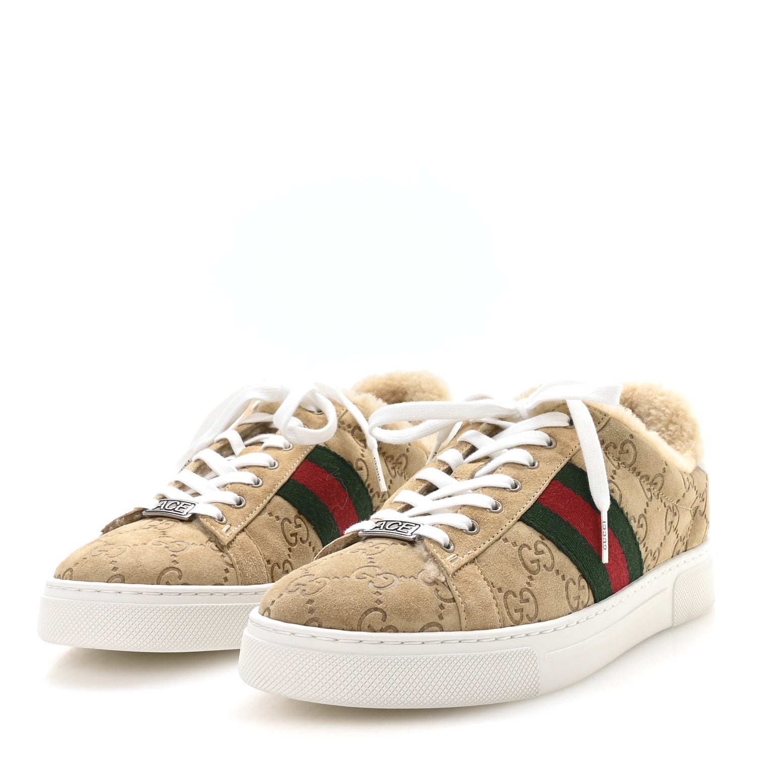 Gucci Suede Shearling Prestige GG Monogram Web Womens Ace Sneakers 37.5 Beige White Multicolor Mystic White 4 of 9