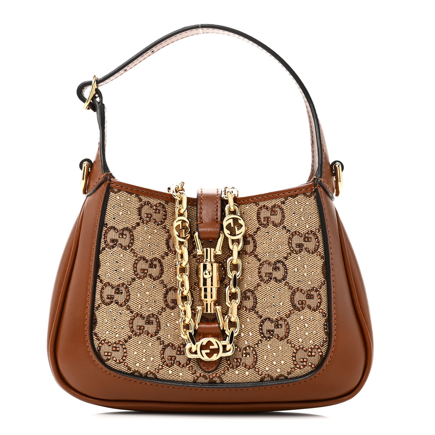 Gucci New Canvas Charisma Calfskin Crystal GG Monogram Mini Jackie 1961 Hobo Camel Ebony 1 of 10