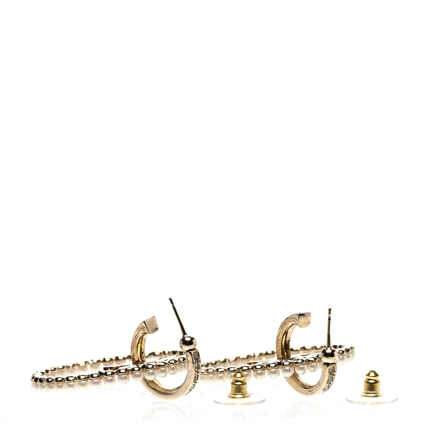 Chanel Crystal Pearl CC Door Knocker Hoop Earrings Gold Pearly White 3 of 4